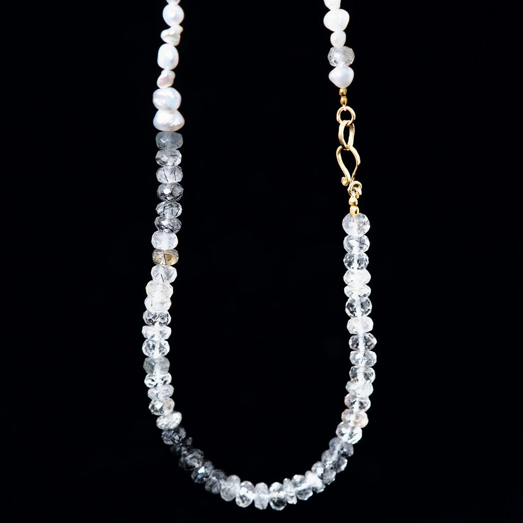 [-1/26 limited] Boron / Black Rutile in Quartz, Freshwater Pearl K18 Necklace 23N-11